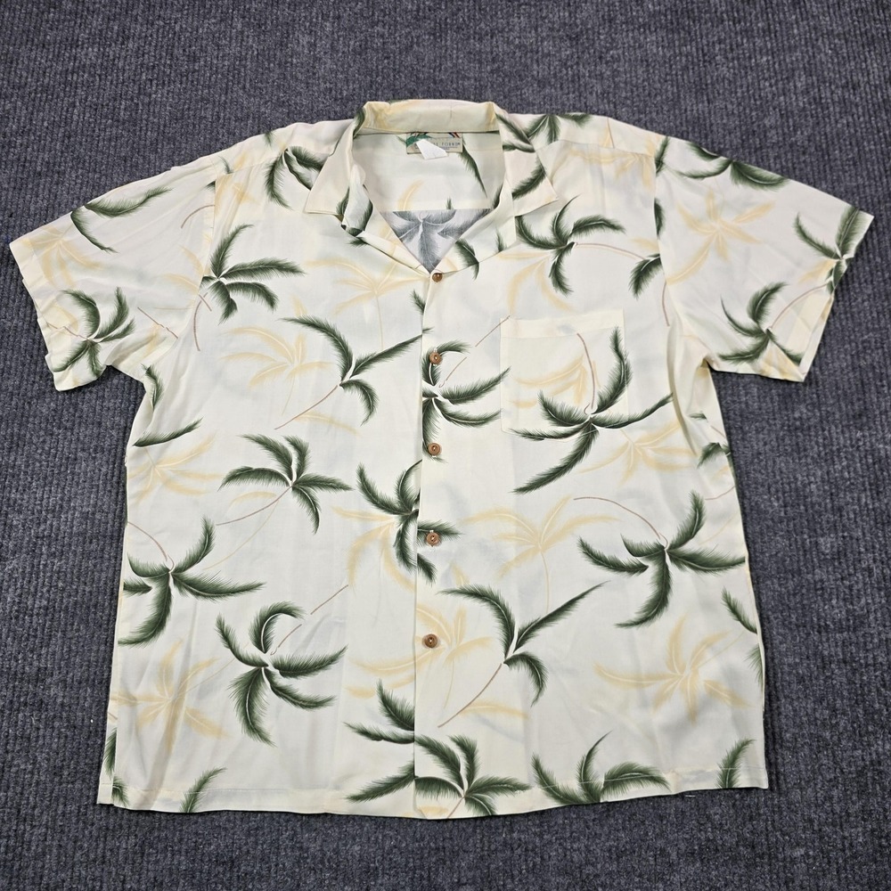 Paradise Found Shirt Mens Large White Palm Hawaiian Rayon Short Sleeve Button Up